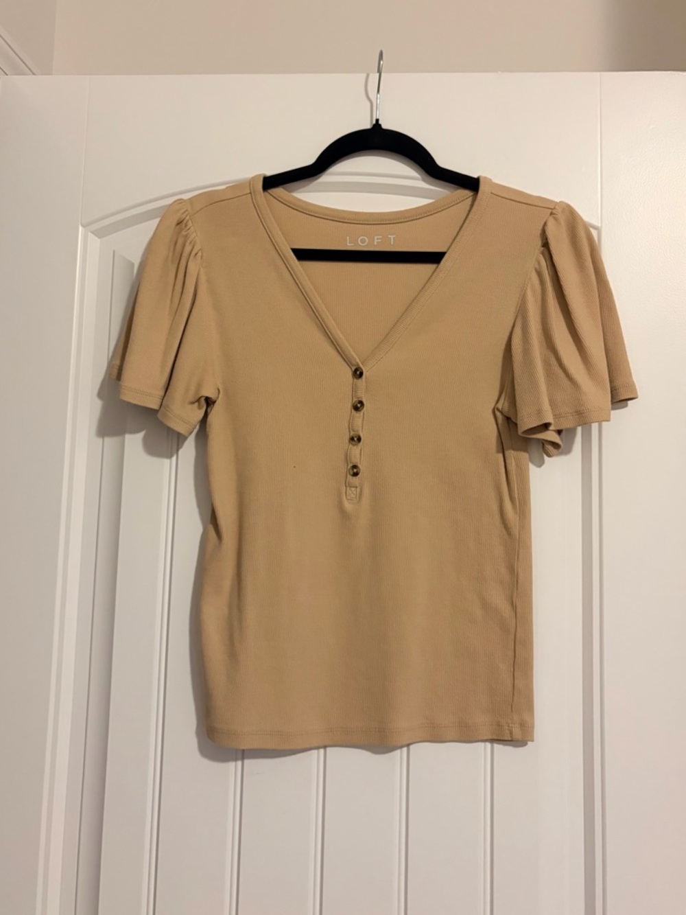 LOFT Beige Puff Sleeve Henley Top